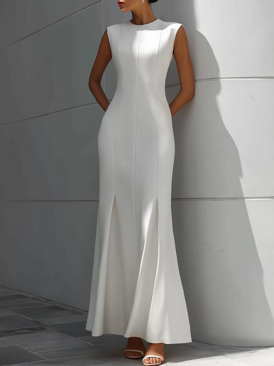 White Sleeveless Sculpted Seam Fishtail Maxi Dress