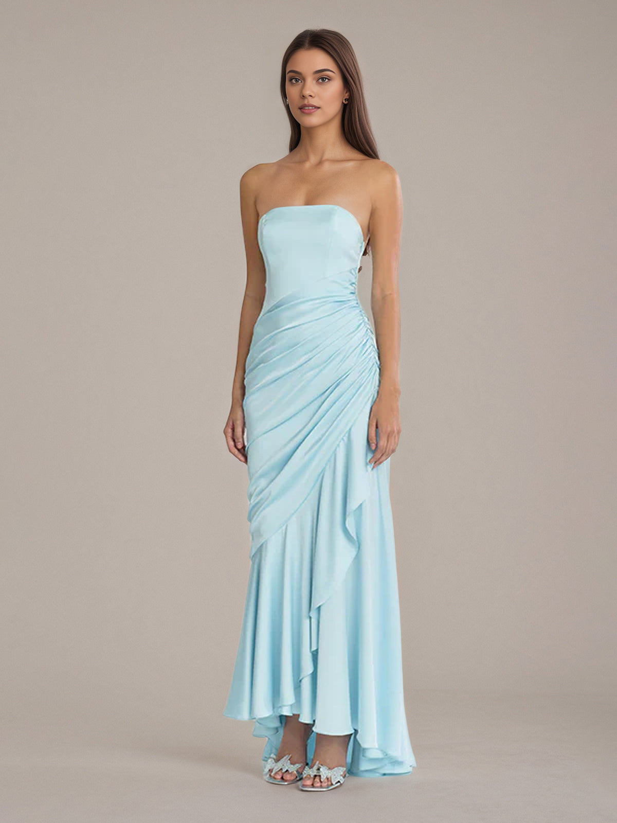 Sheath/Column Satin Off The Shoulder Sleeveless Floor Length Dresses With Ruffles
