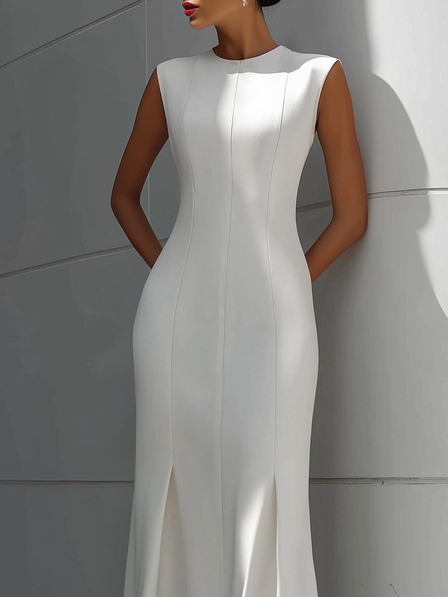 White Sleeveless Sculpted Seam Fishtail Maxi Dress