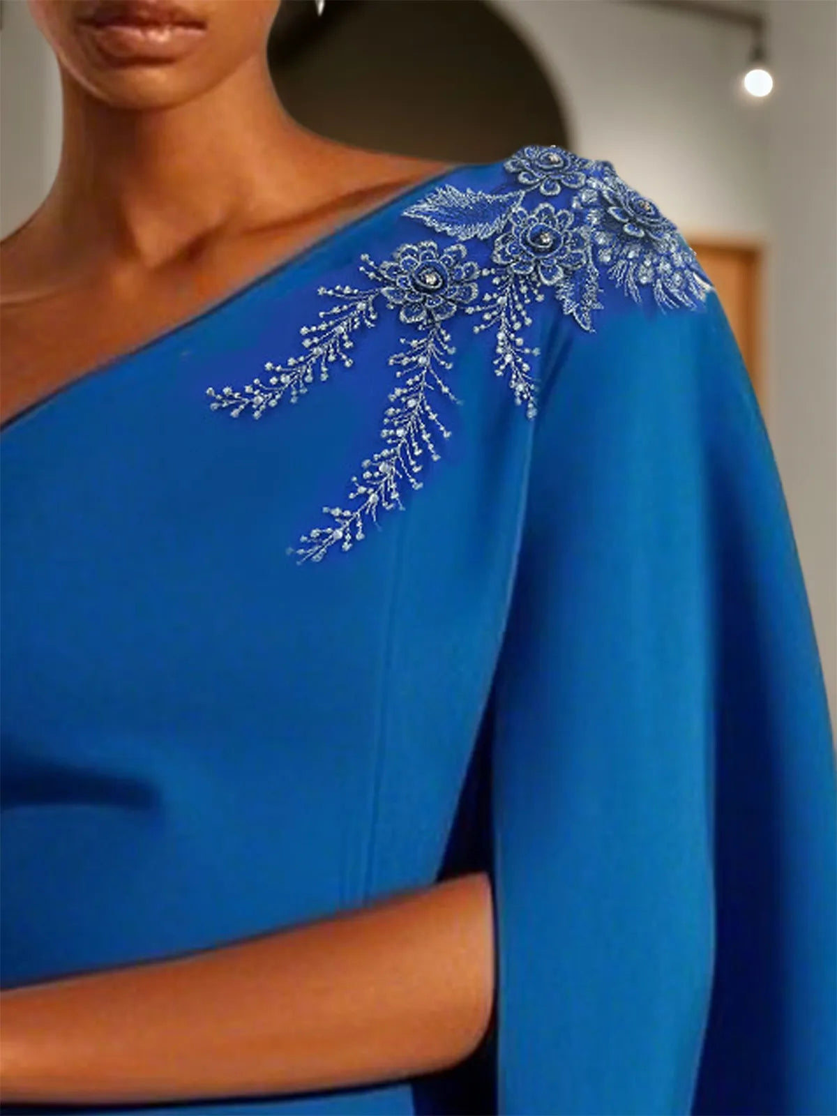 Blue Applique Hotfix Embellished Asymmetric Classic One Shoulder Sleeveless Sheath Midi Dress