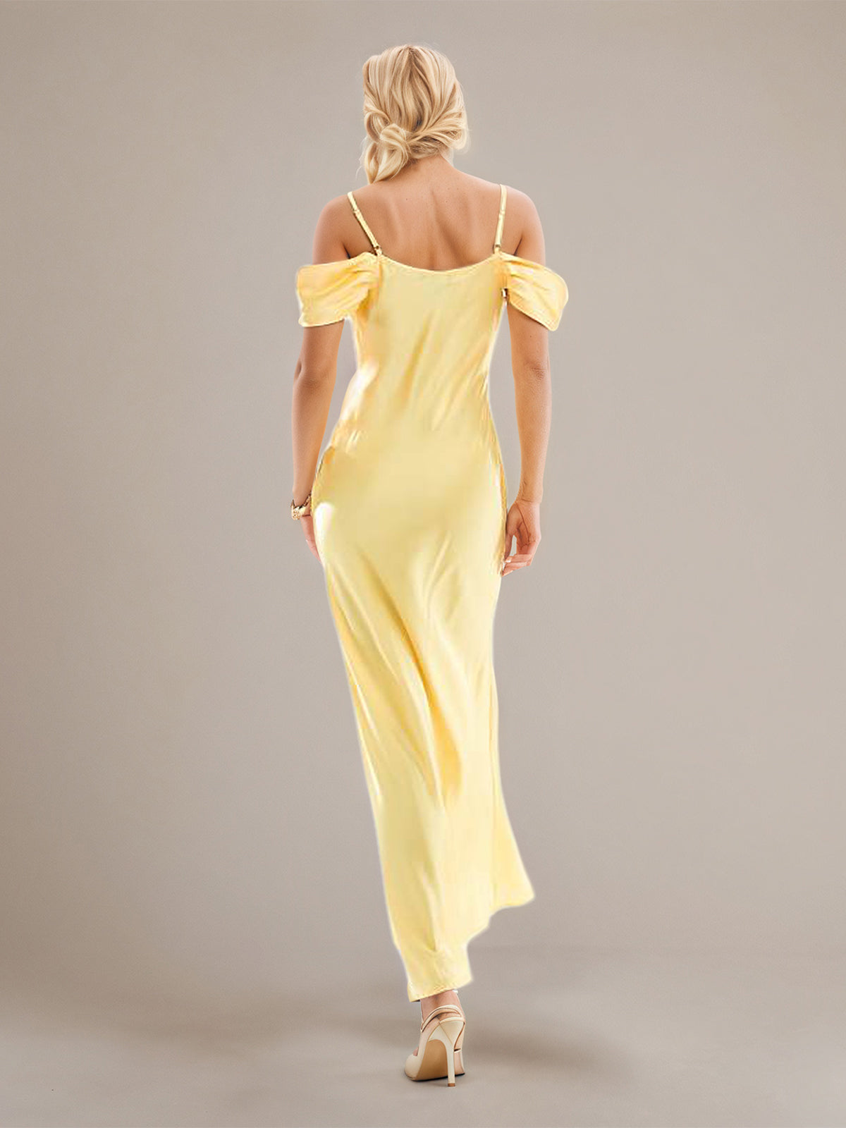 Yellow Sheath/Column Satin Spaghetti Straps Sleeveless Ankle Length Dresses