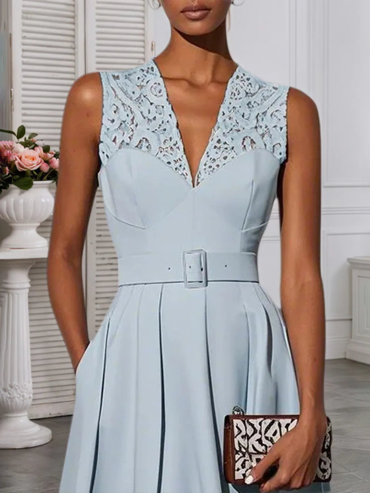 Light Blue Lace V Neck Sleeveless A-Line Midi Dress