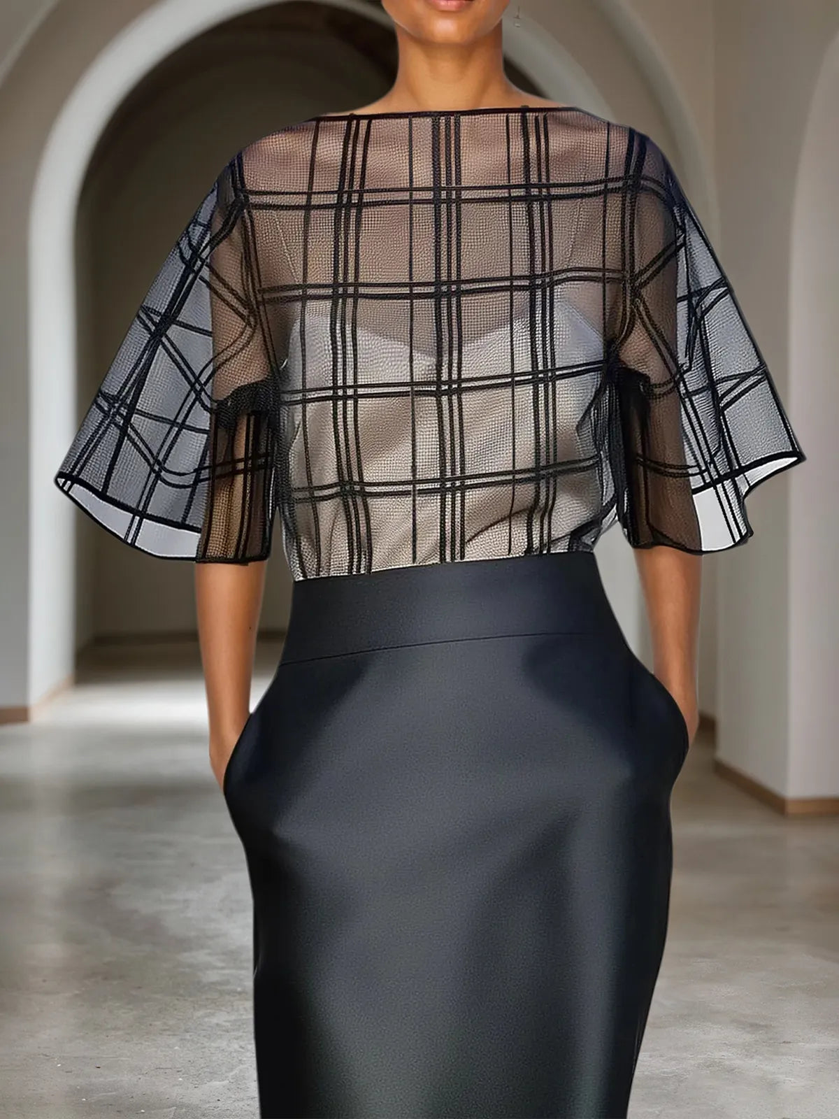 Black Mesh Classic Boat Neck Half Sleeve Dolman Sleeve Sheath Midi Dress