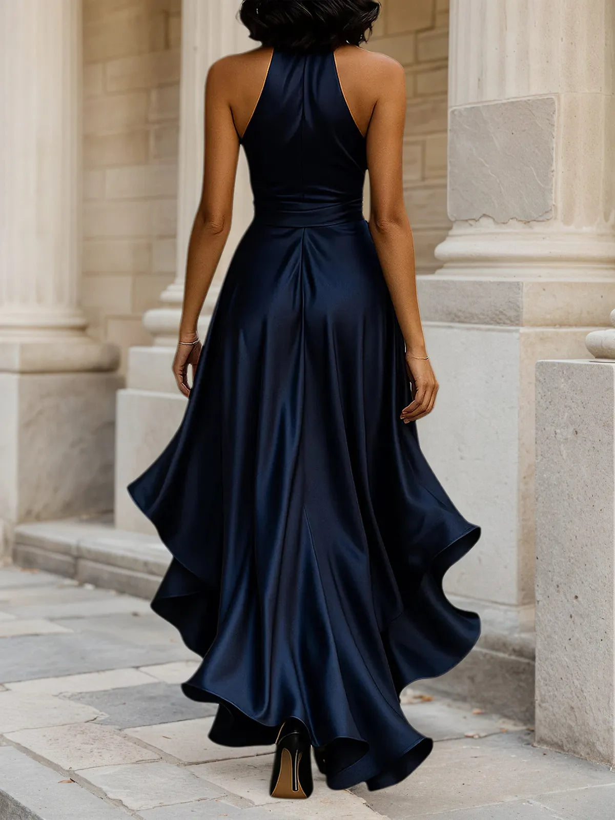 Midnight Elegance Satin Halter Ruffle Gown