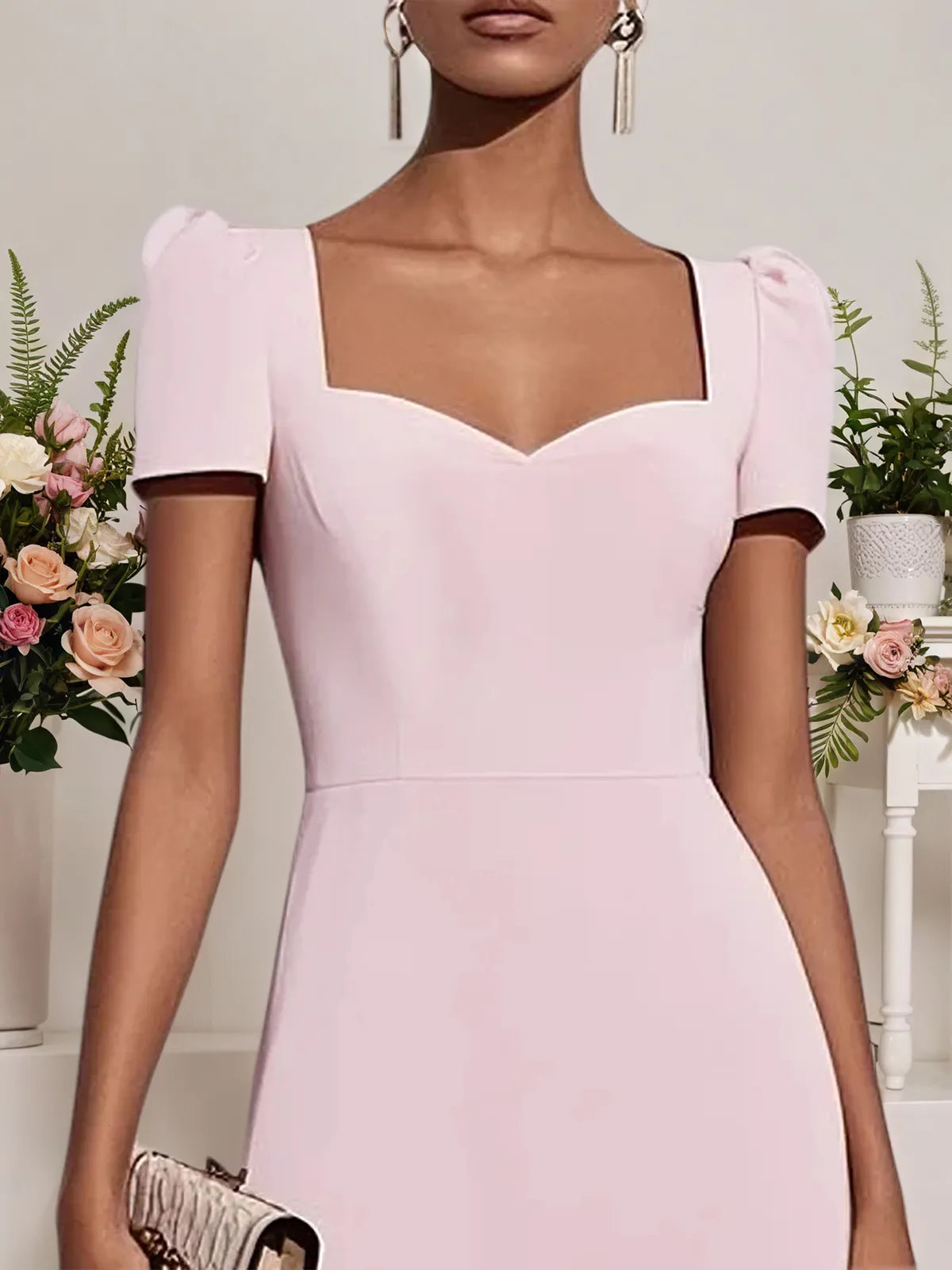 Pink Rhinestone Classic Sweetheart Neckline Short Sleeve A-Line Maxi Dress