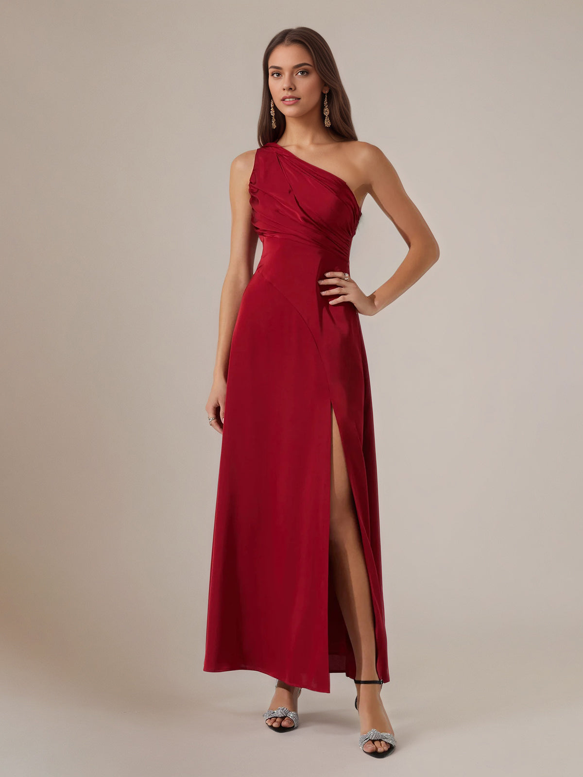 Wine Red A Line One Shoulder Satin Ankle Length Dress