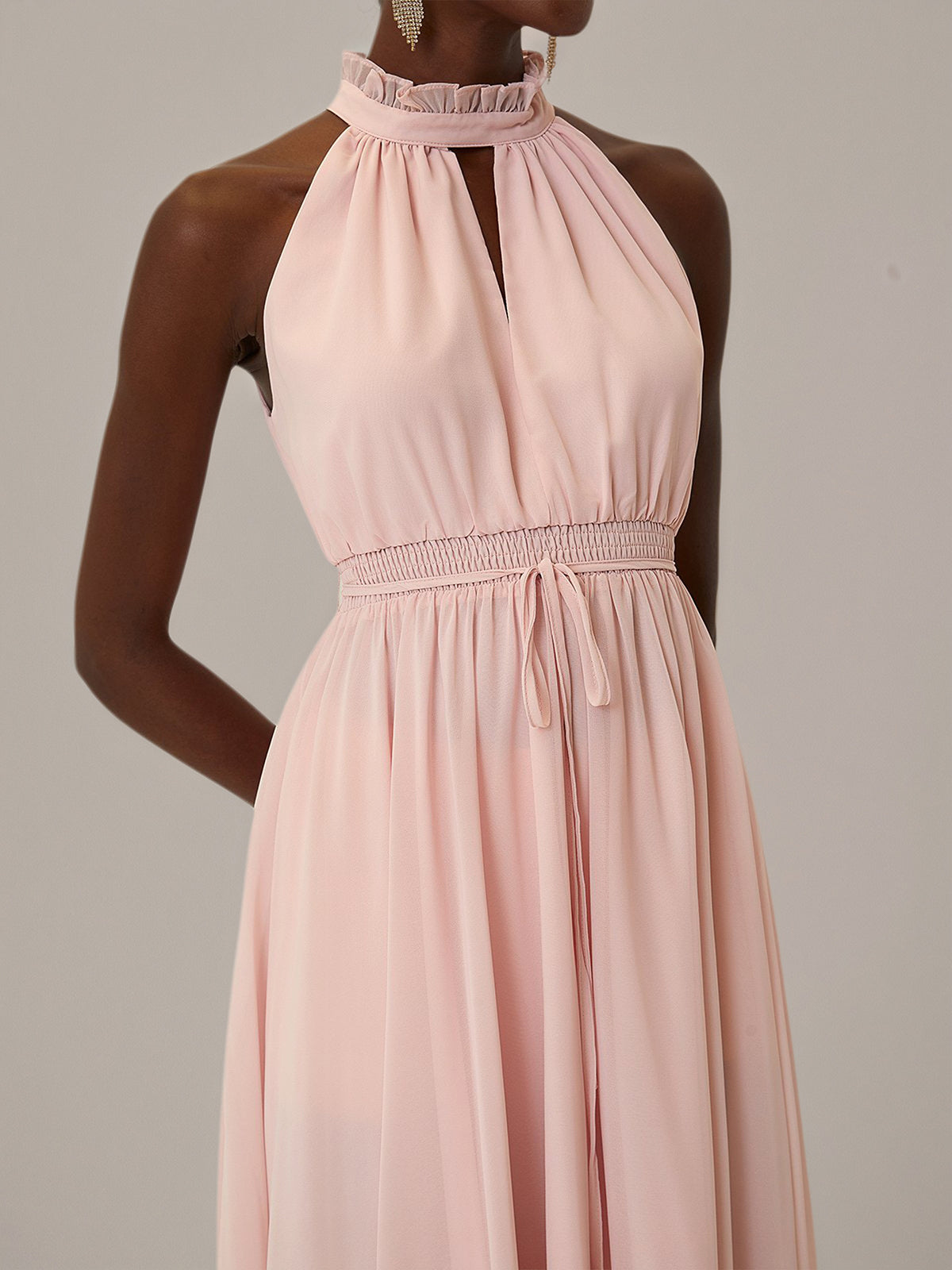 Pink A Line Chiffon Halter Neck Sleeveless Tea Length Dresses