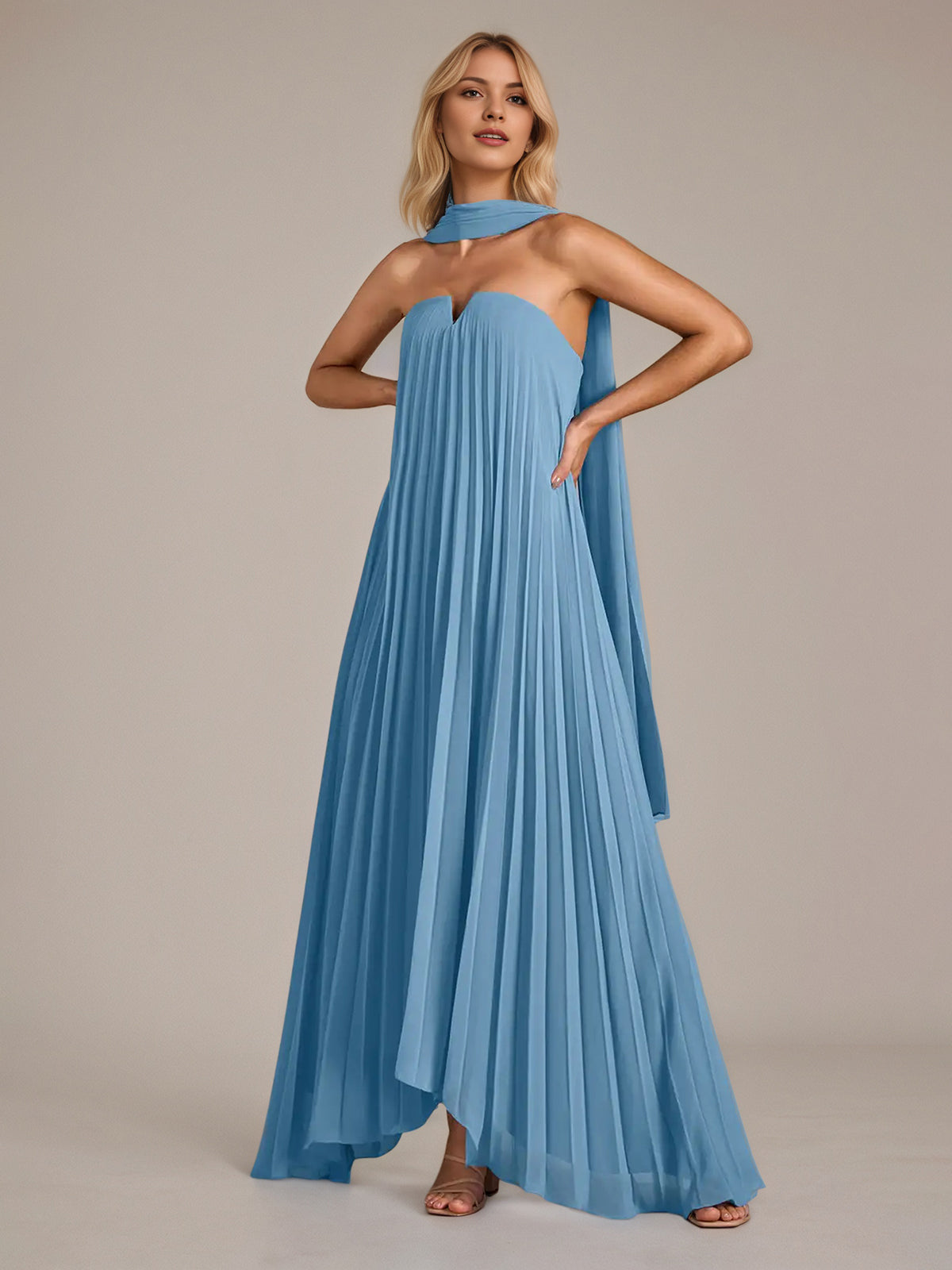 Blue A Line Satin Off The Shoulder Sleeveless Floor Length Dresses