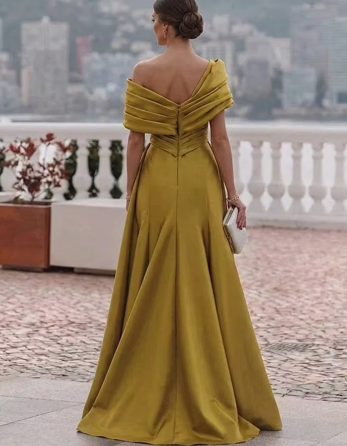 Mustard Yellow Off Shoulder Twisted Ruched Satin Maxi Dress