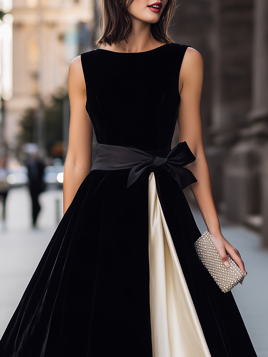 Sleeveless Fit-and-Flare Midi Dress With Contrast Panel And Waist Bow