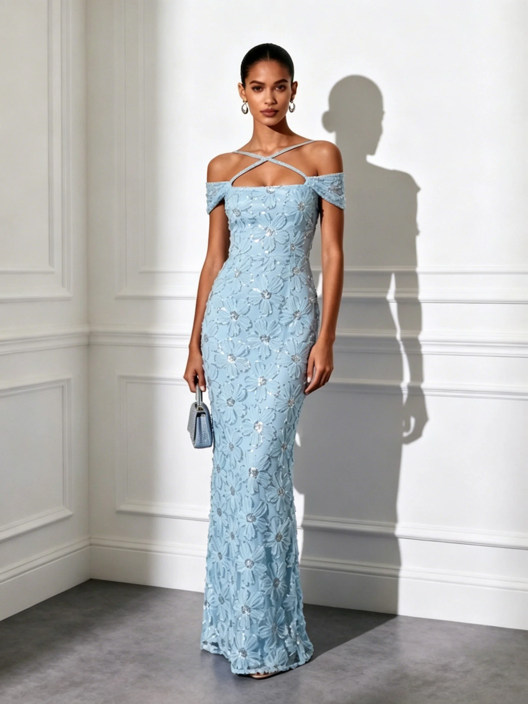 Light Blue Jacquard Glitter Classic Off The Shoulder Short Sleeve Mermaid Floor-length Gown Dress