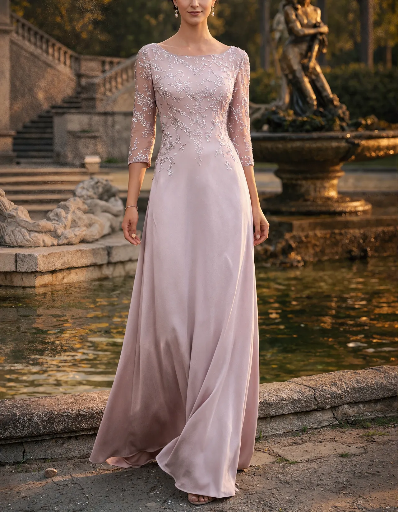 Dusty Pink Long Sleeve V-Neck With Sequins Maxi Dress