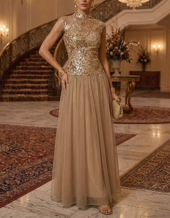 Champagne Mandarin Collar Gold Sequin Lace Tulle Maxi Dress