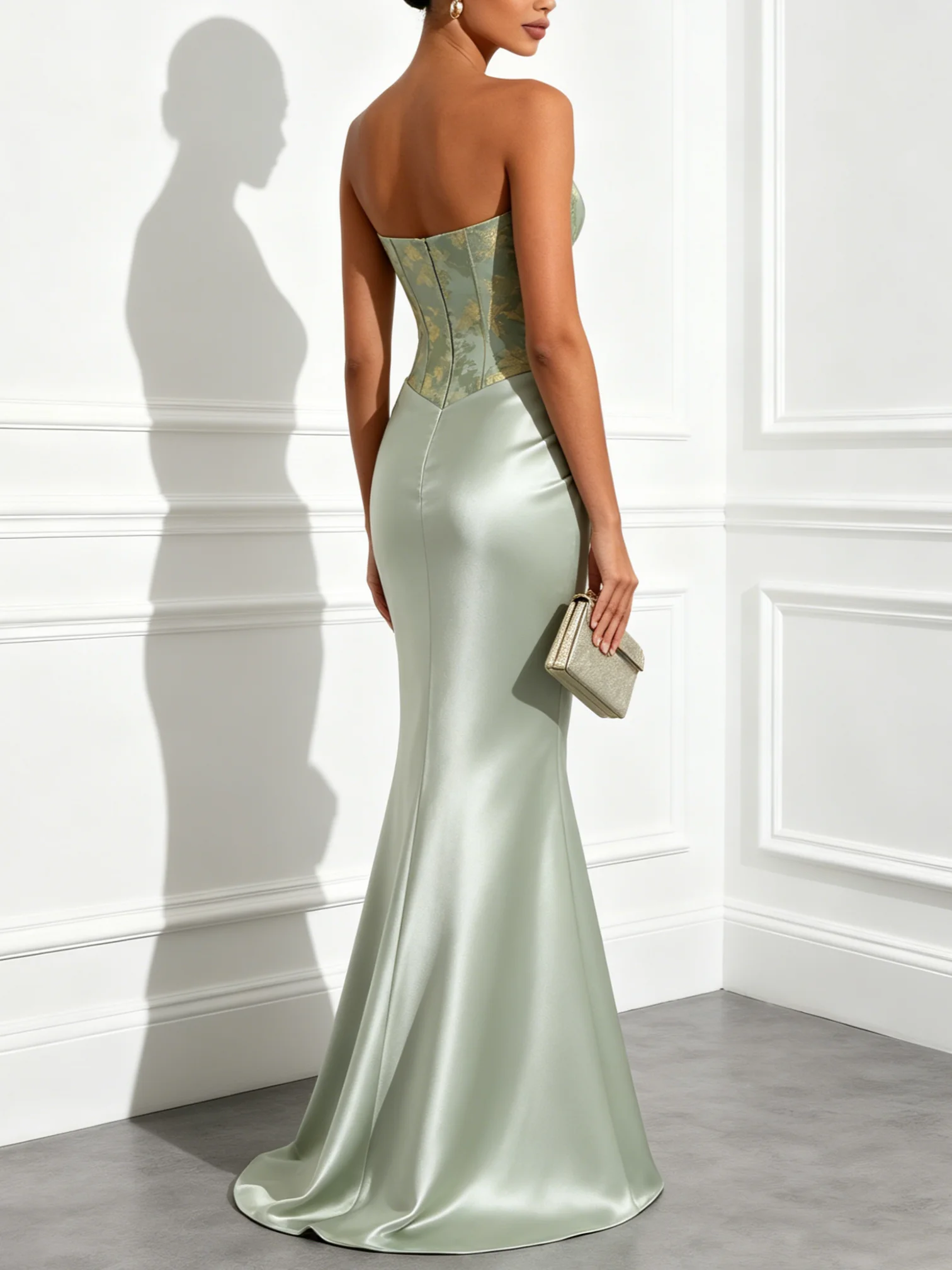 Lightgreen Floral Satin Strapless Sleeveless Mermaid Gown Dress