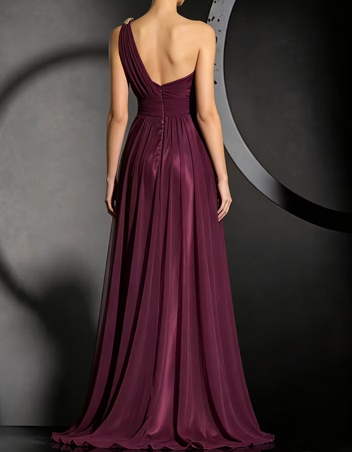 Plum One-Shoulder Ruched Satin & Chiffon Maxi Dress