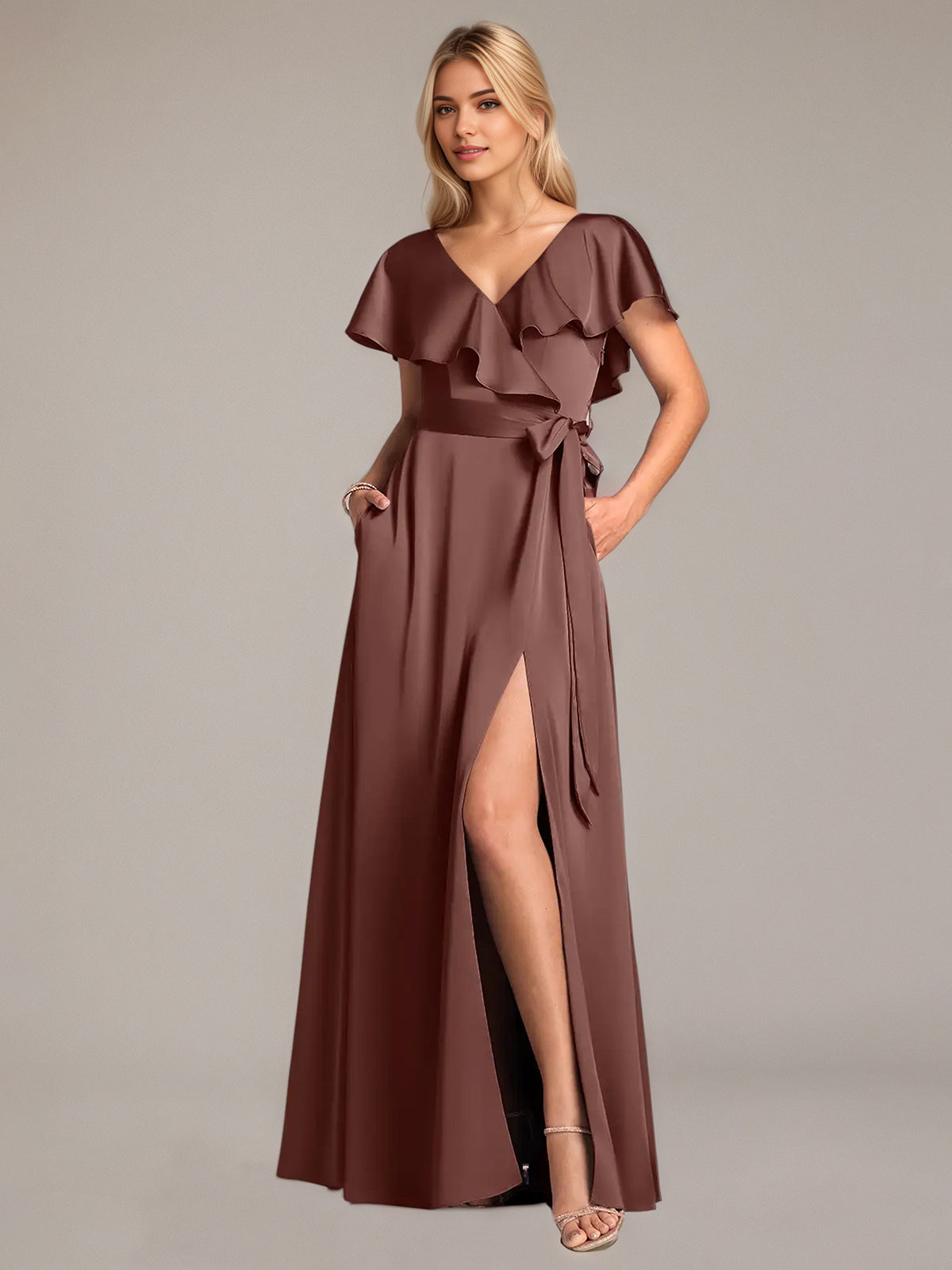 A Line Satin V Neck Short Sleeves Floor Length Dresses With Ruffles