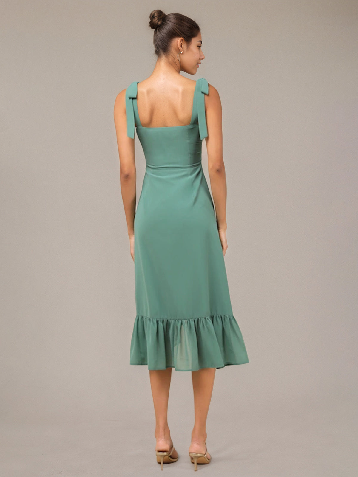 Green Sheath/Column Chiffon Square Neck Sleeveless Asymmetrical Dresses With Ruffles
