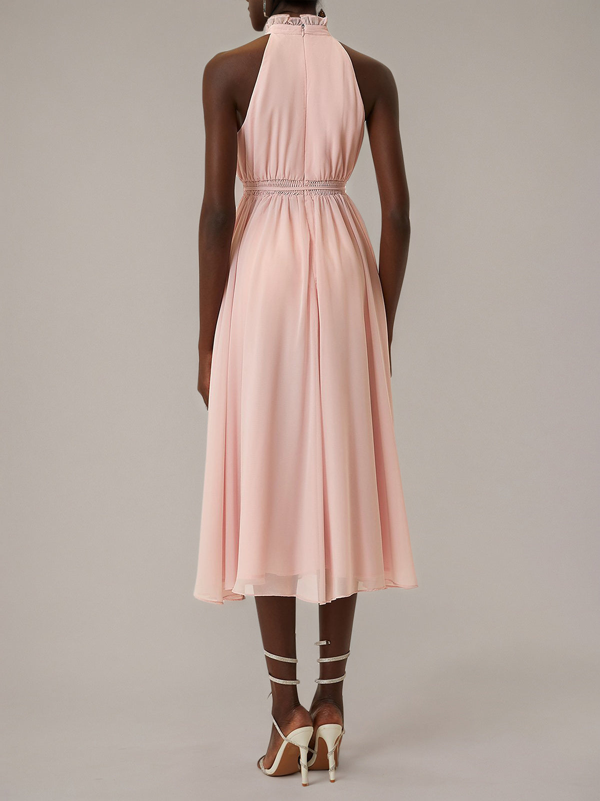 Pink A Line Chiffon Halter Neck Sleeveless Tea Length Dresses