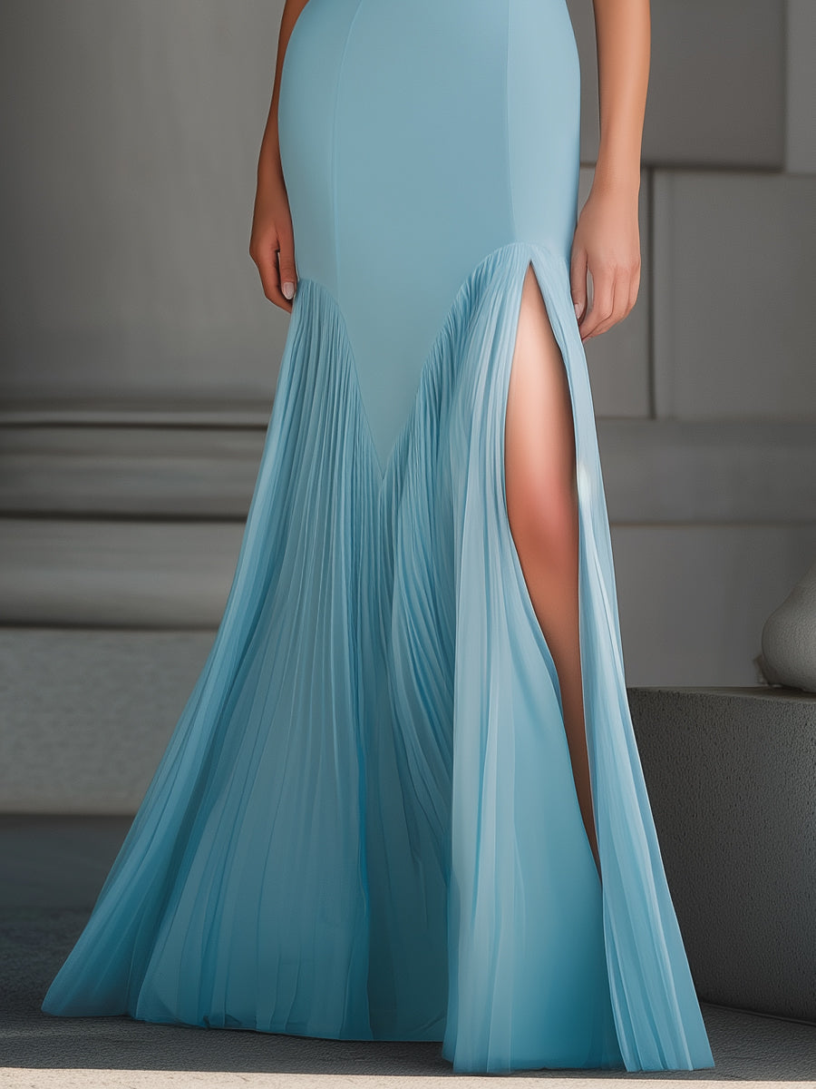 Sky Blue Sleeveless Pleated Hem Mermaid Evening Dress