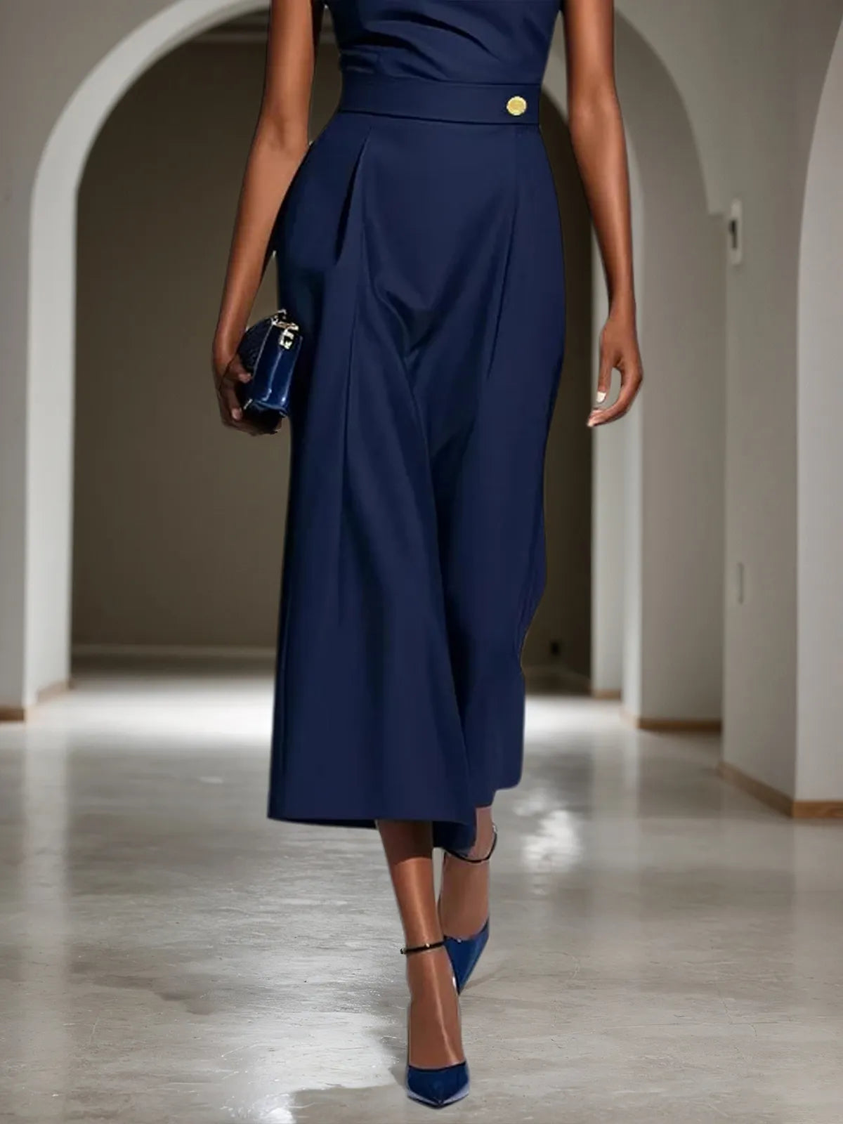 Purplish blue Buckle Classic Off The Shoulder Cap Sleeve Sheath Midi Dress