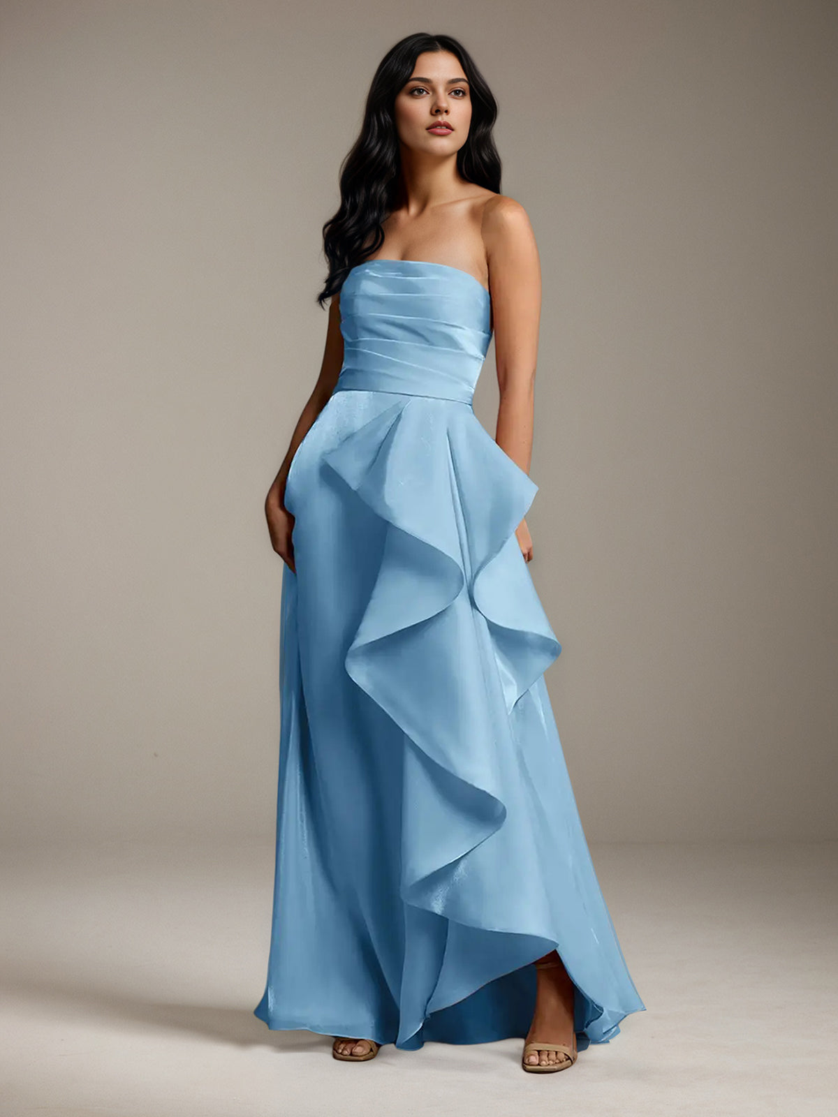 Mint Blue Satin A Line Off The Shoulder Sleeveless Floor Length Bridesmaid Dress With Ruffles