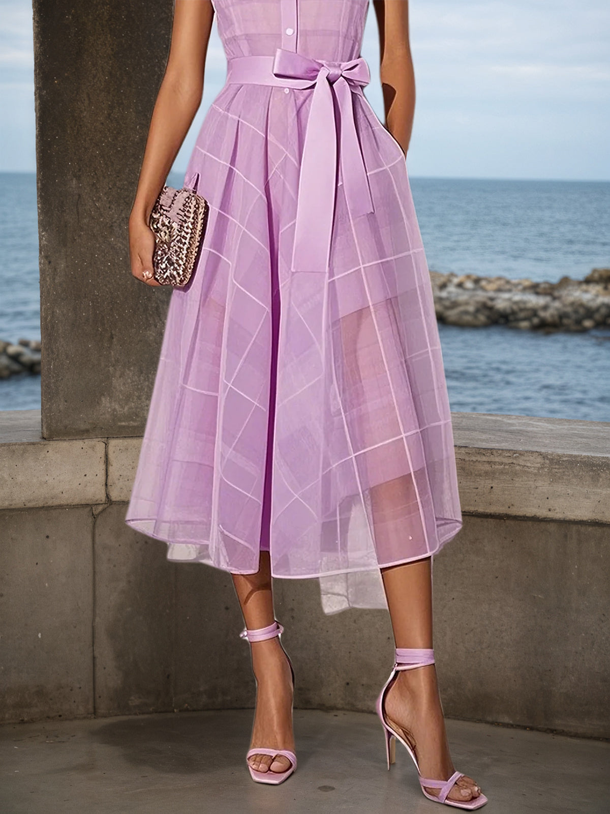 Lavender Purple Shirt Dress Shirt Collar Sleeveless A-Line Midi Dress