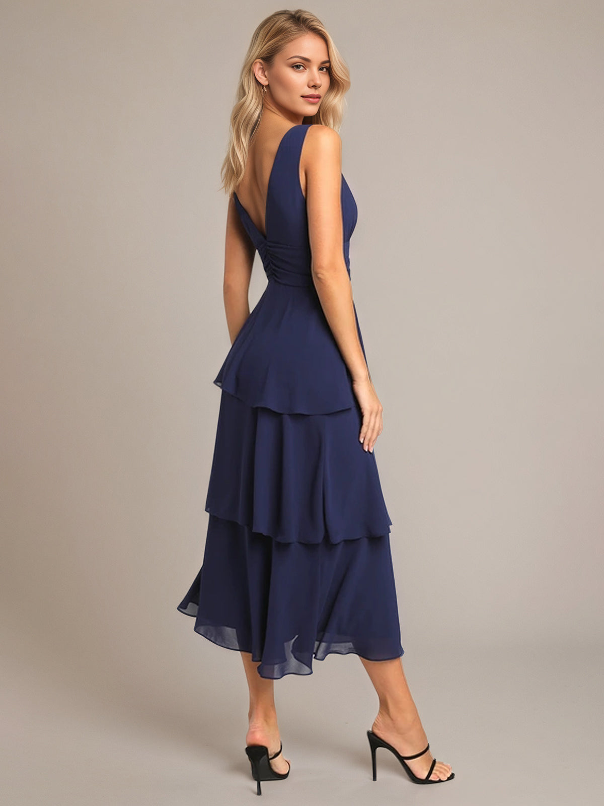 Navy A Line Chiffon V Neck Sleeveless Tea Length Dresses With Ruffles
