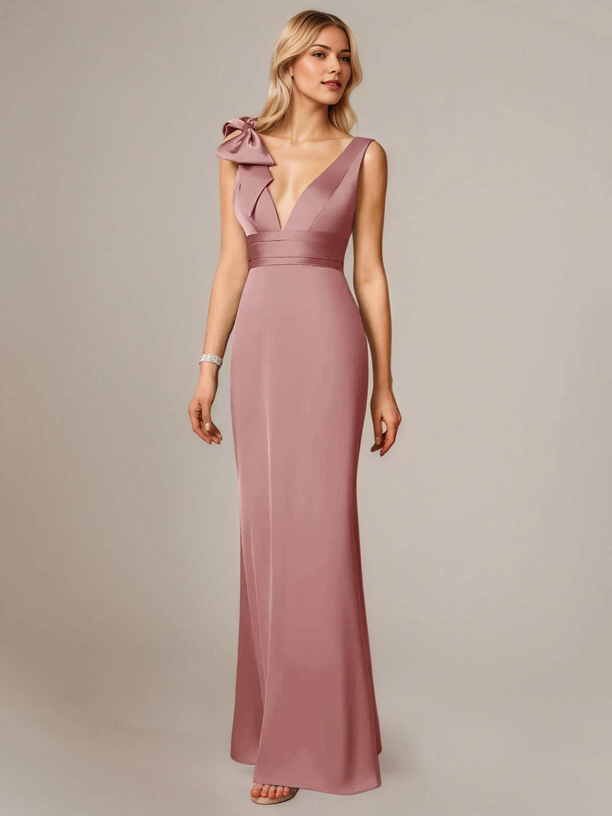 Dusty Rose Satin Sheath/Column V Neck Sleeveless Floor-Length Bridesmaid Dress With Bow