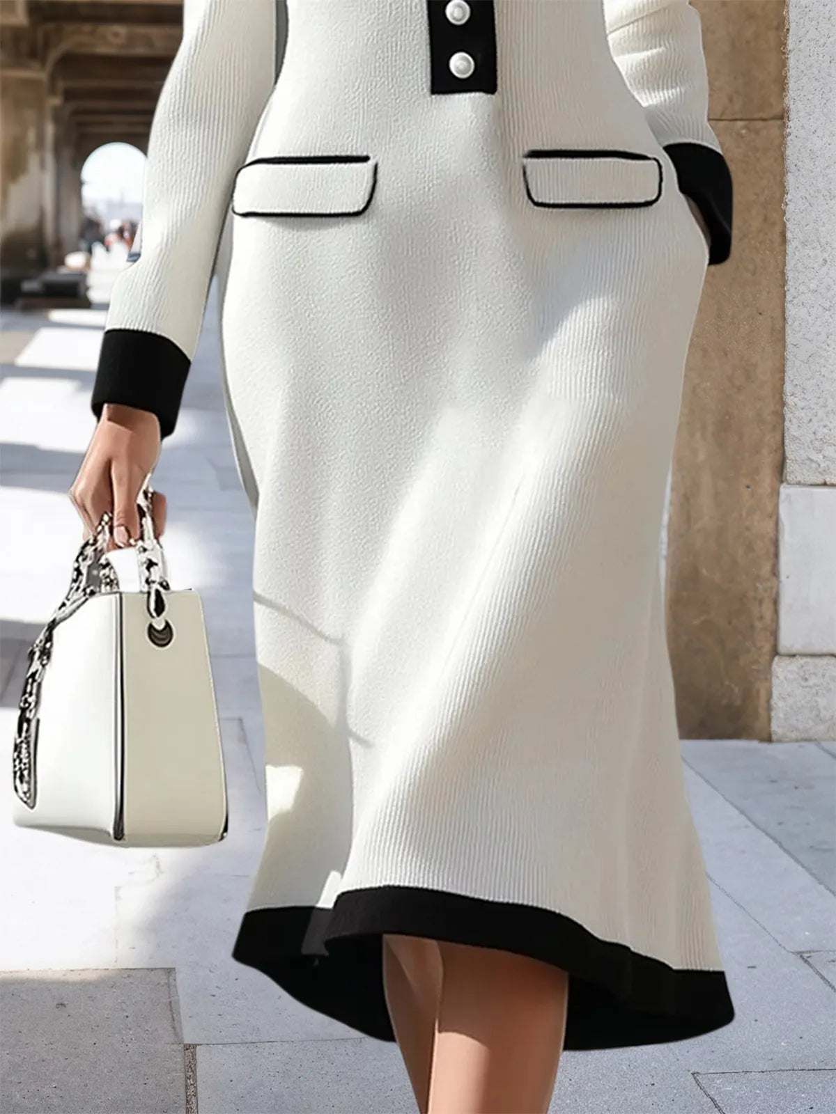 High-End And Elegant Black Edge White Knitted Midi Dress