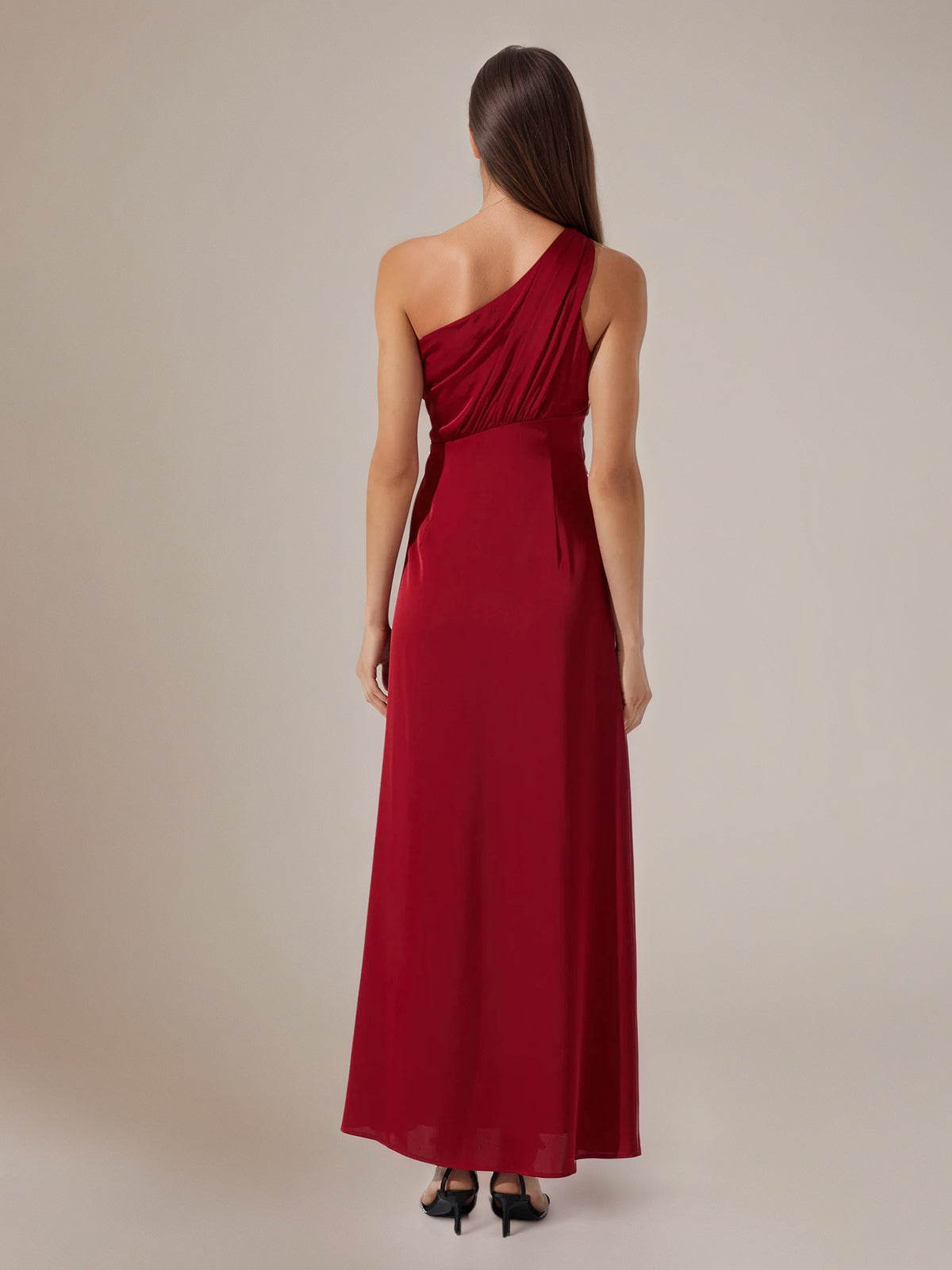 Wine Red A Line One Shoulder Satin Ankle Length Dress