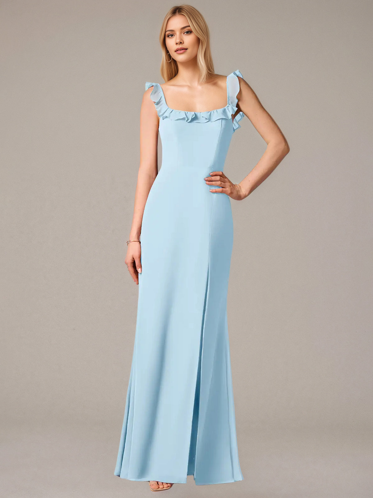 Sheath/Column Chiffon Off The Shoulder Sleeveless Floor Length Dresses With Ruffles