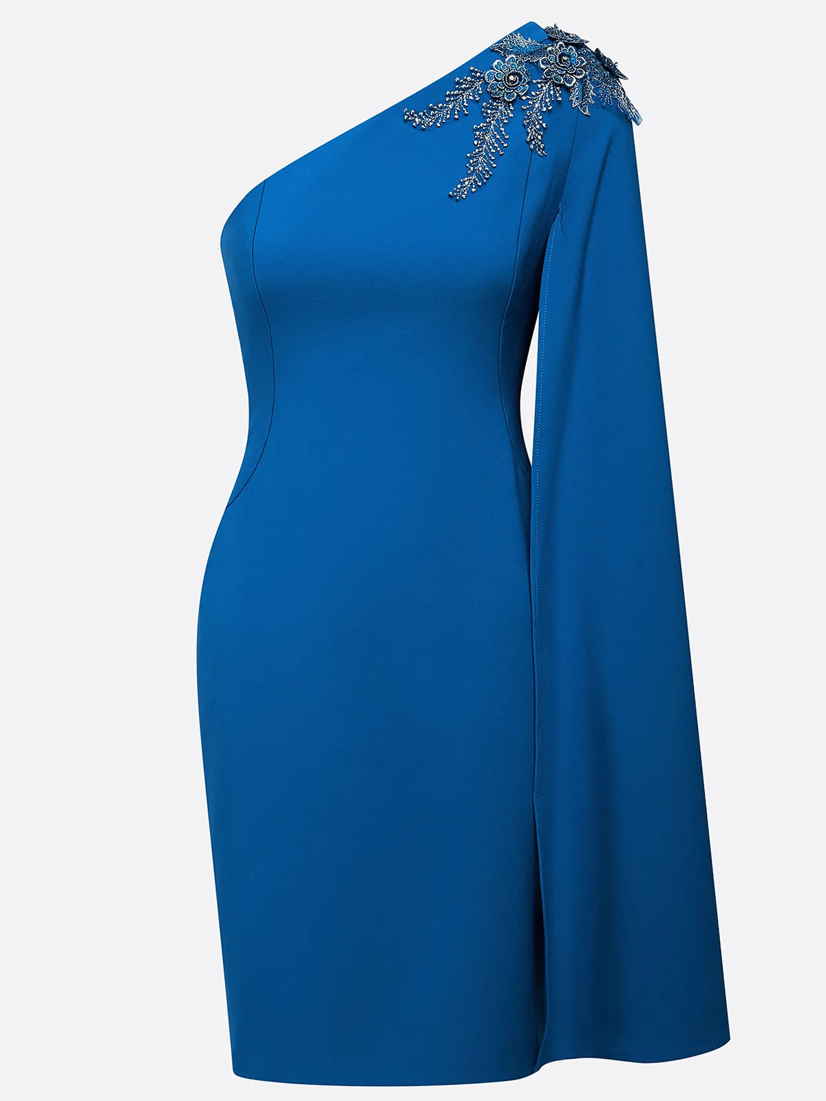 Blue Applique Hotfix Embellished Asymmetric Classic One Shoulder Sleeveless Sheath Midi Dress