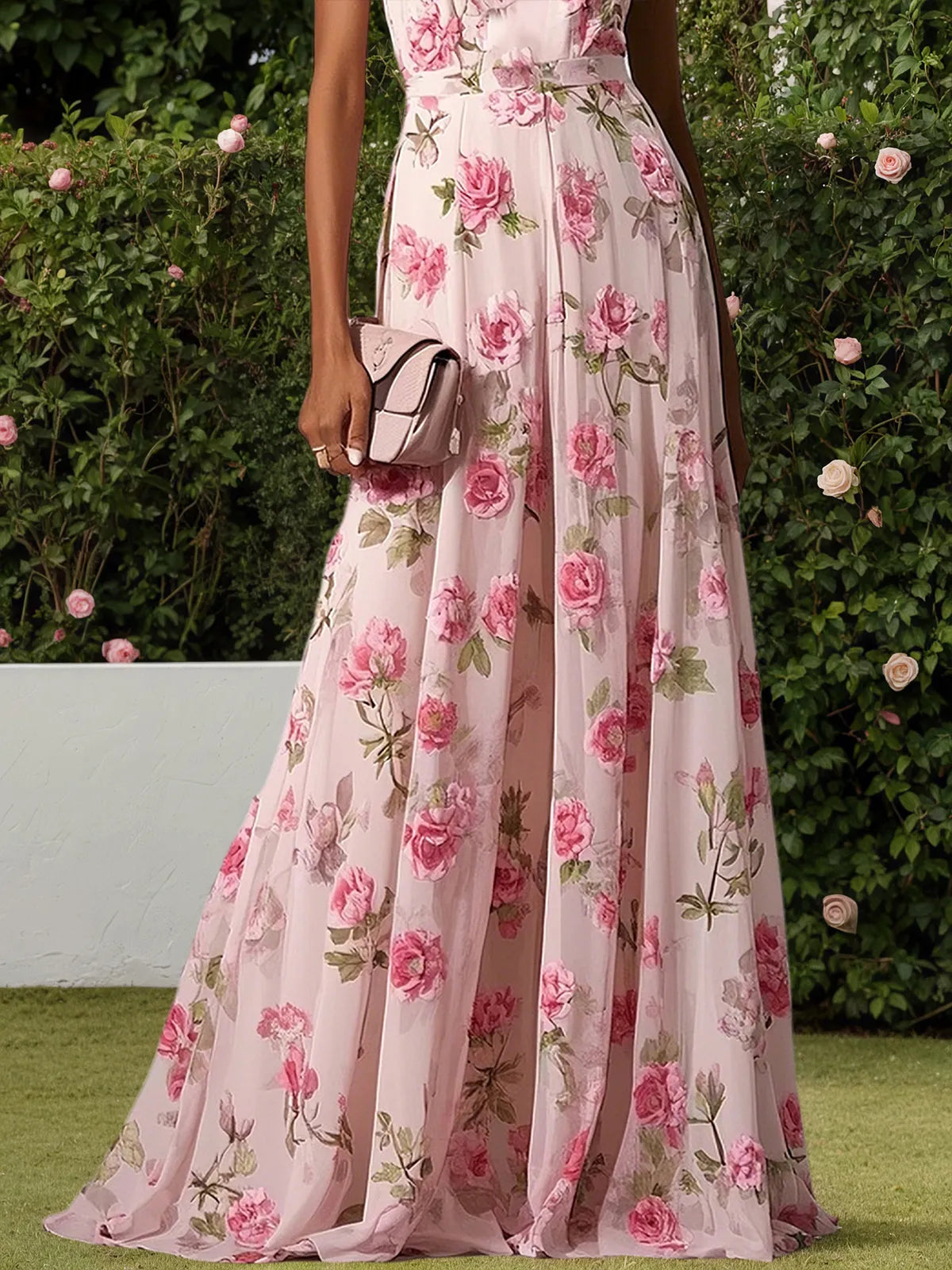 Pink Classic Floral Halter Short Sleeve A-Line Maxi Dress