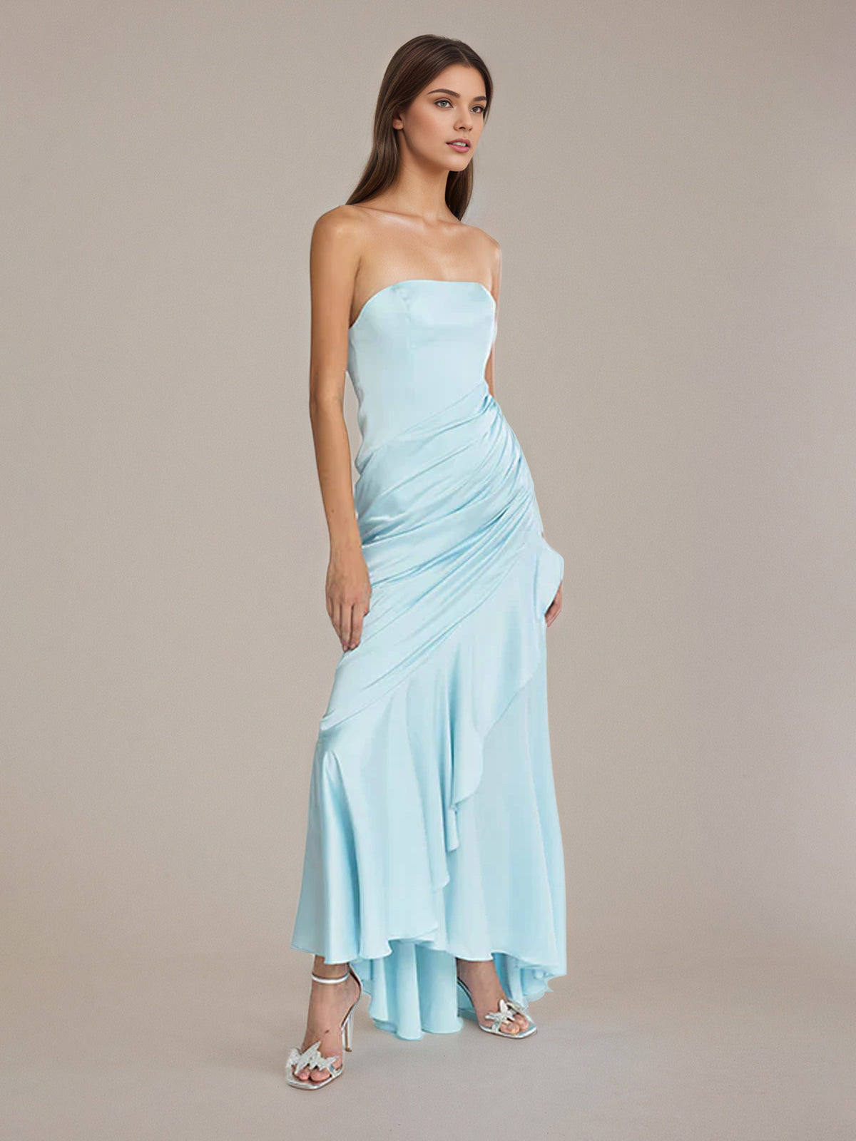 Sheath/Column Satin Off The Shoulder Sleeveless Floor Length Dresses With Ruffles