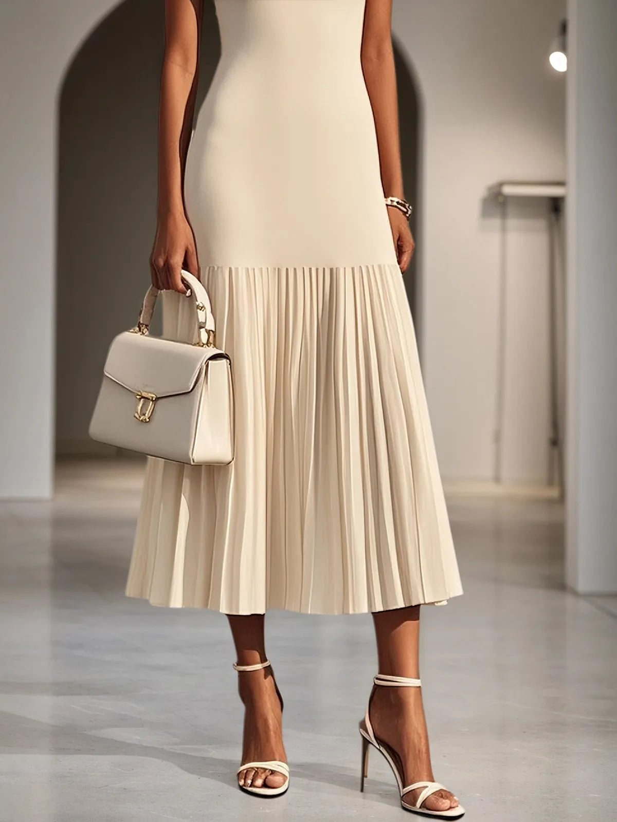 Beige Pleated Knit Crew Neck Sleeveless A-Line Midi Jersey Dress