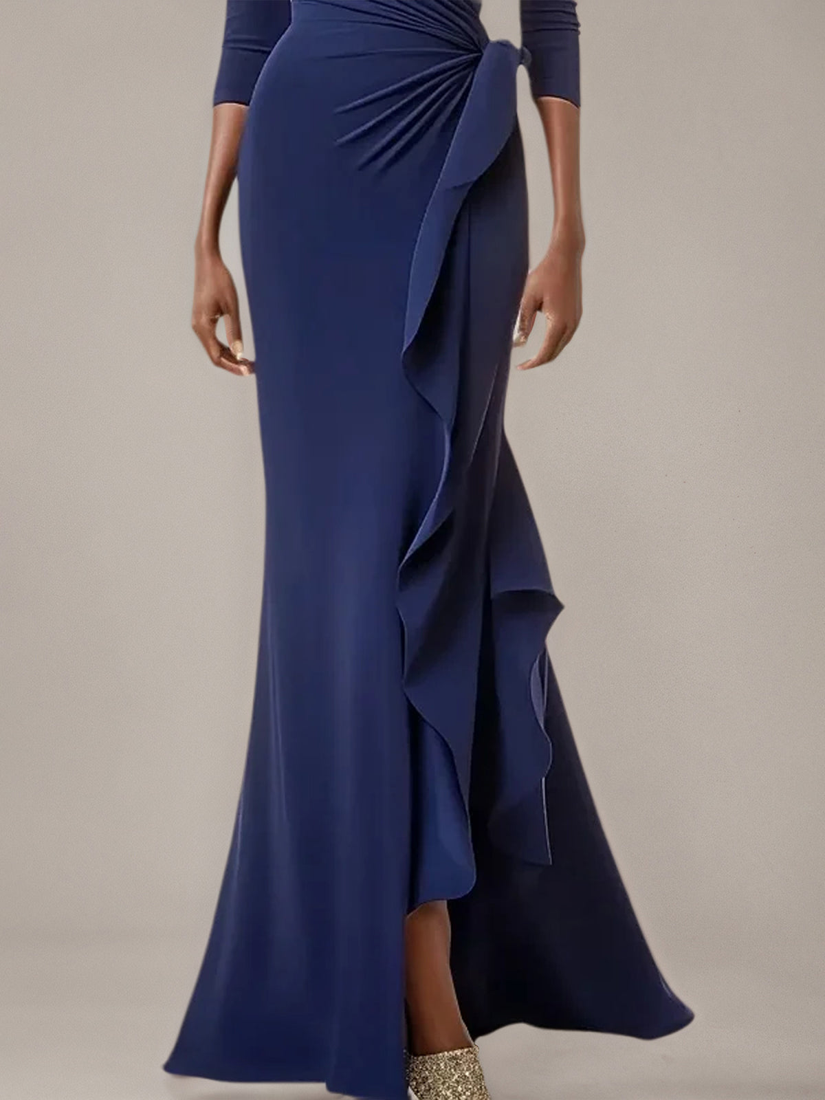 Navy Sheath/Column Stretch Crepe V Neck 3/4 Sleeves Asymmetrical Dresses