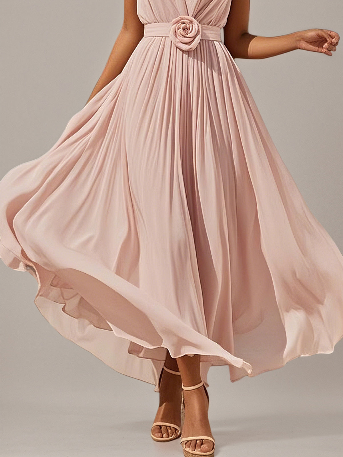 Pink A Line Chiffon V Neck Sleeveless Floor Length Dresses With 3D Flower