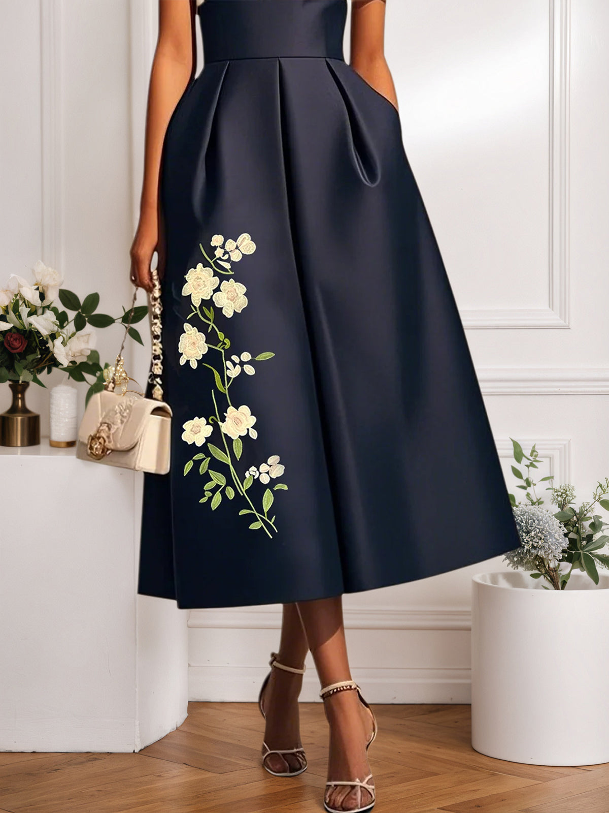 Navy Blue Embroidery Satin V Neck Short Sleeve A-Line Midi Dress