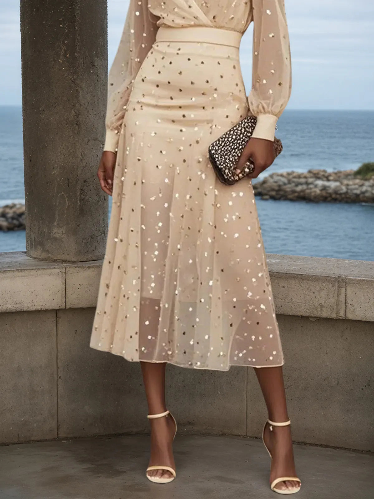 Apricot golden Chiffon V Neck Long Balloon Sleeve A-Line Midi Dress