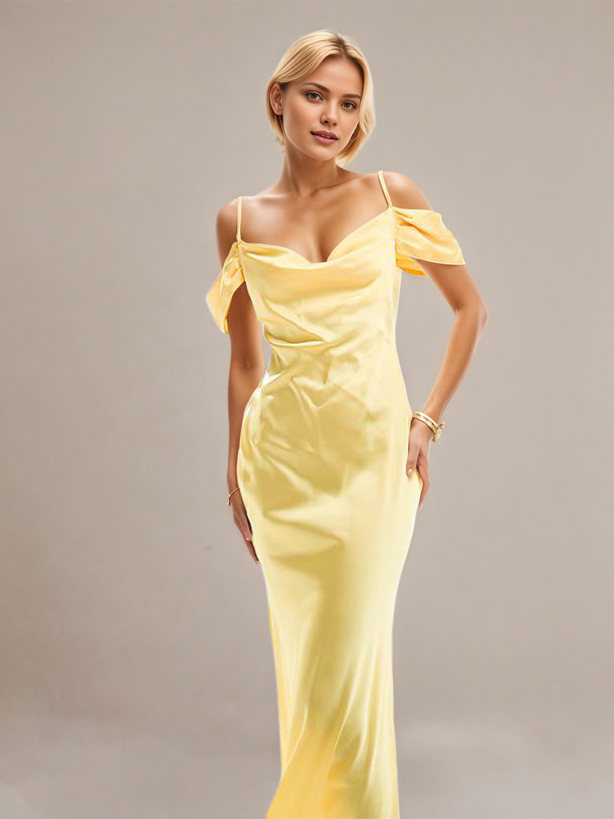 Yellow Sheath/Column Satin Spaghetti Straps Sleeveless Ankle Length Dresses