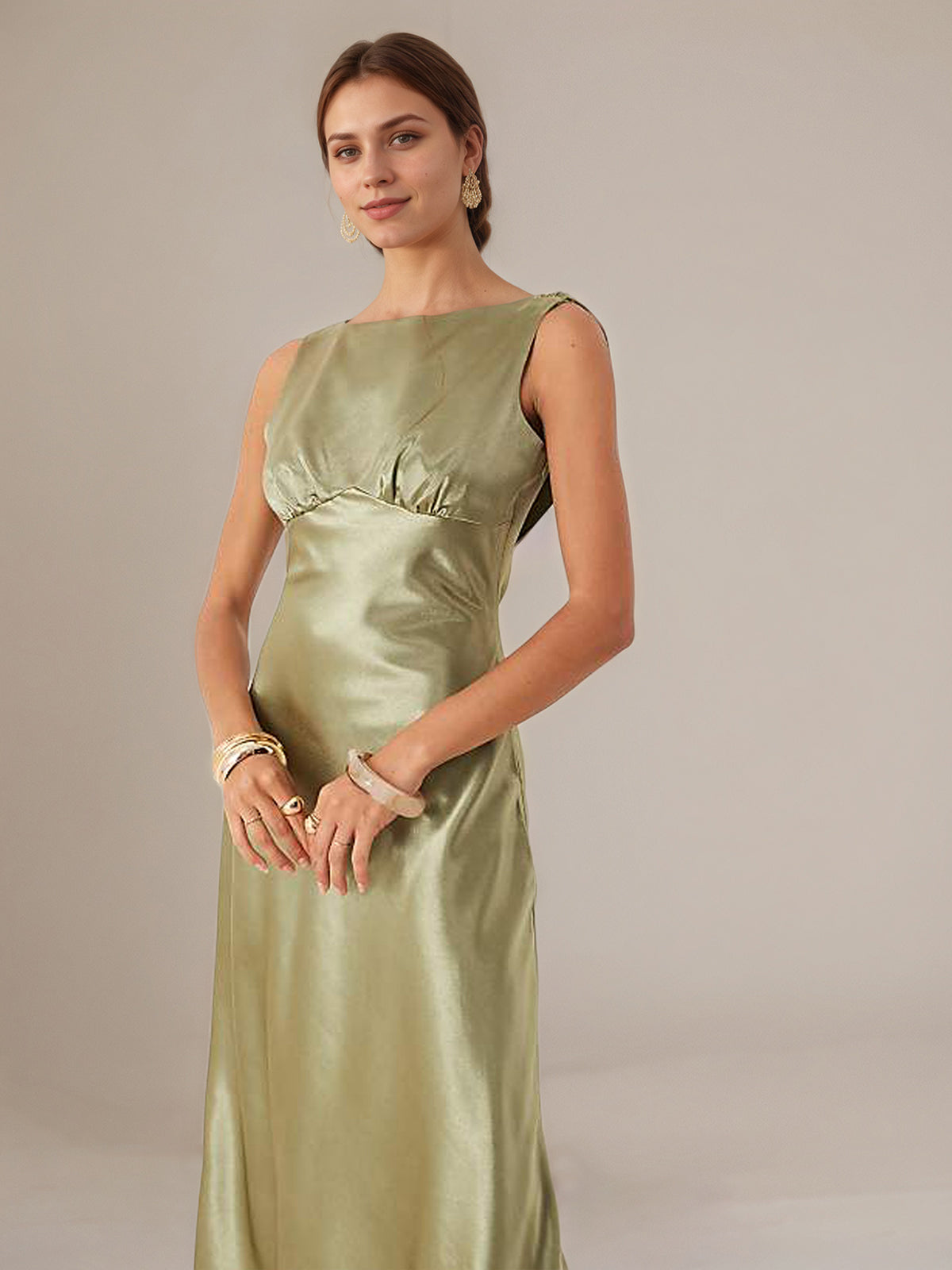 Olive Green Sheath/Column Satin Boat Neck Sleeveless Floor Length Dresses