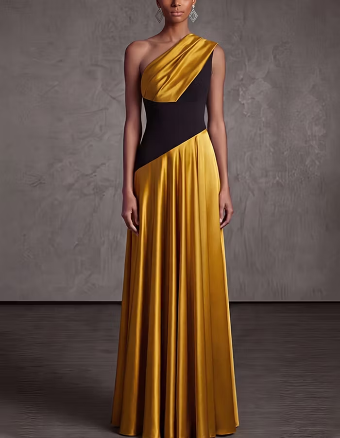 Two Tone One Shoulder Color Block Satin A-Line Maxi Dress