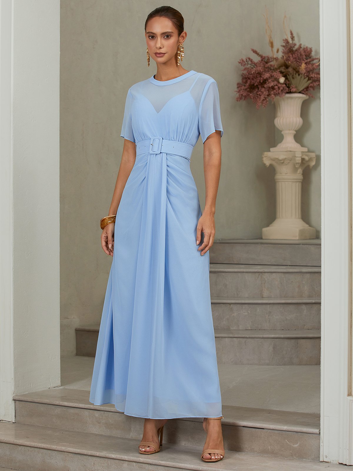Light Blue Ruched Mesh Chiffon Crew Neck Short Sleeve A-Line Maxi Dress