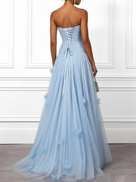 Light Blue 3D Floral Ruched Tulle Strapless Sleeveless A-Line Gown Dress