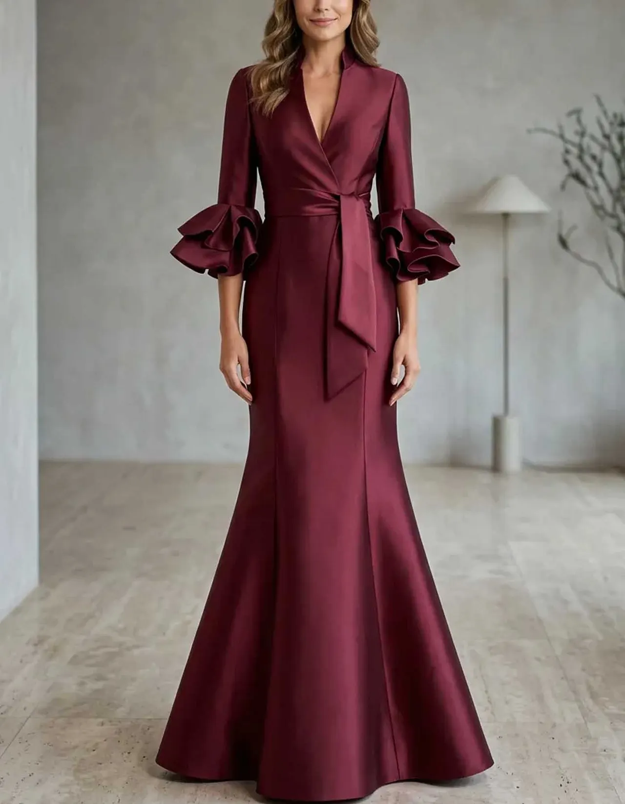 Satin V-Neck Ruffled Bell Sleeve Wrap Maxi Dress