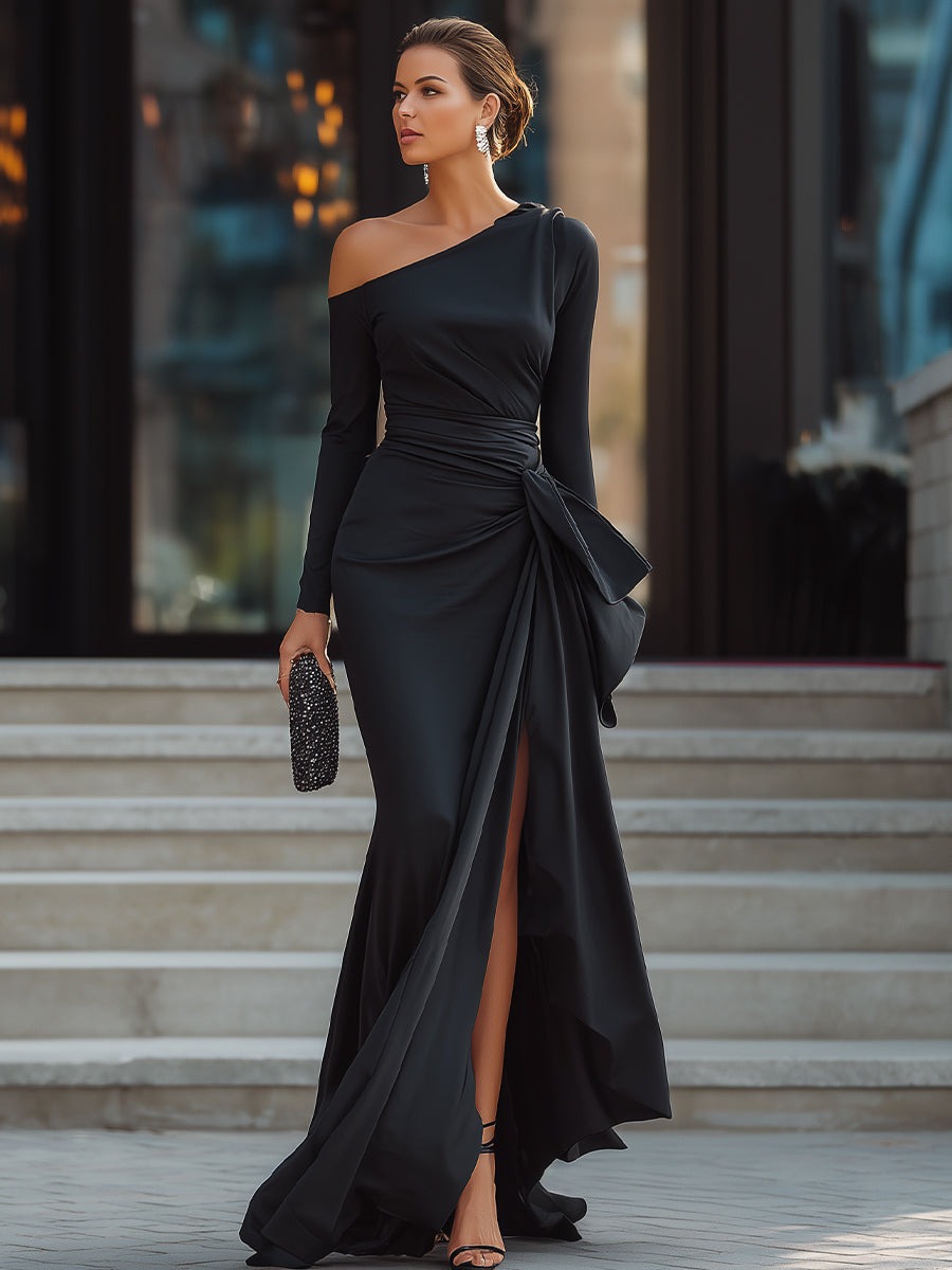Elegant One-Shoulder Satin Gown With Draped Detail And Side Slit