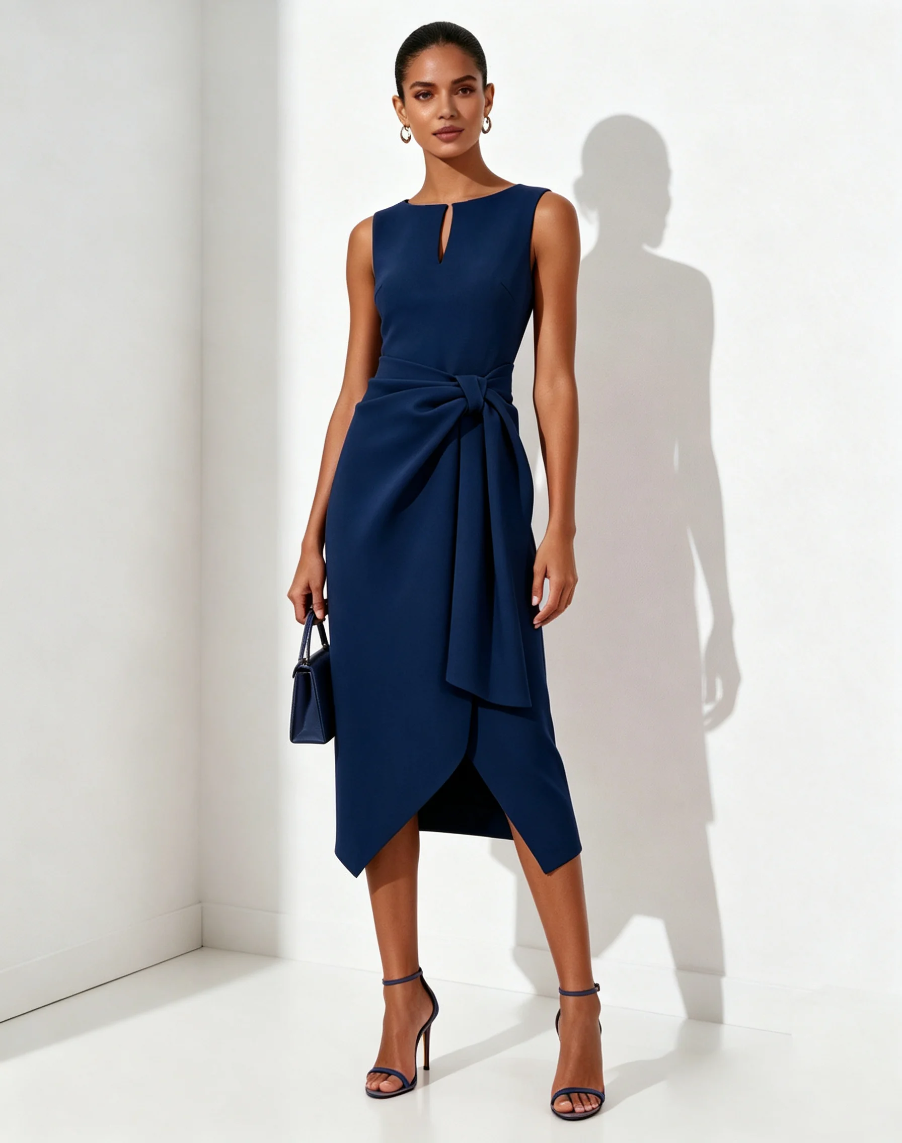 Navy Blue Ruched Classic Bow Notched Sleeveless Sheath Midi Dress