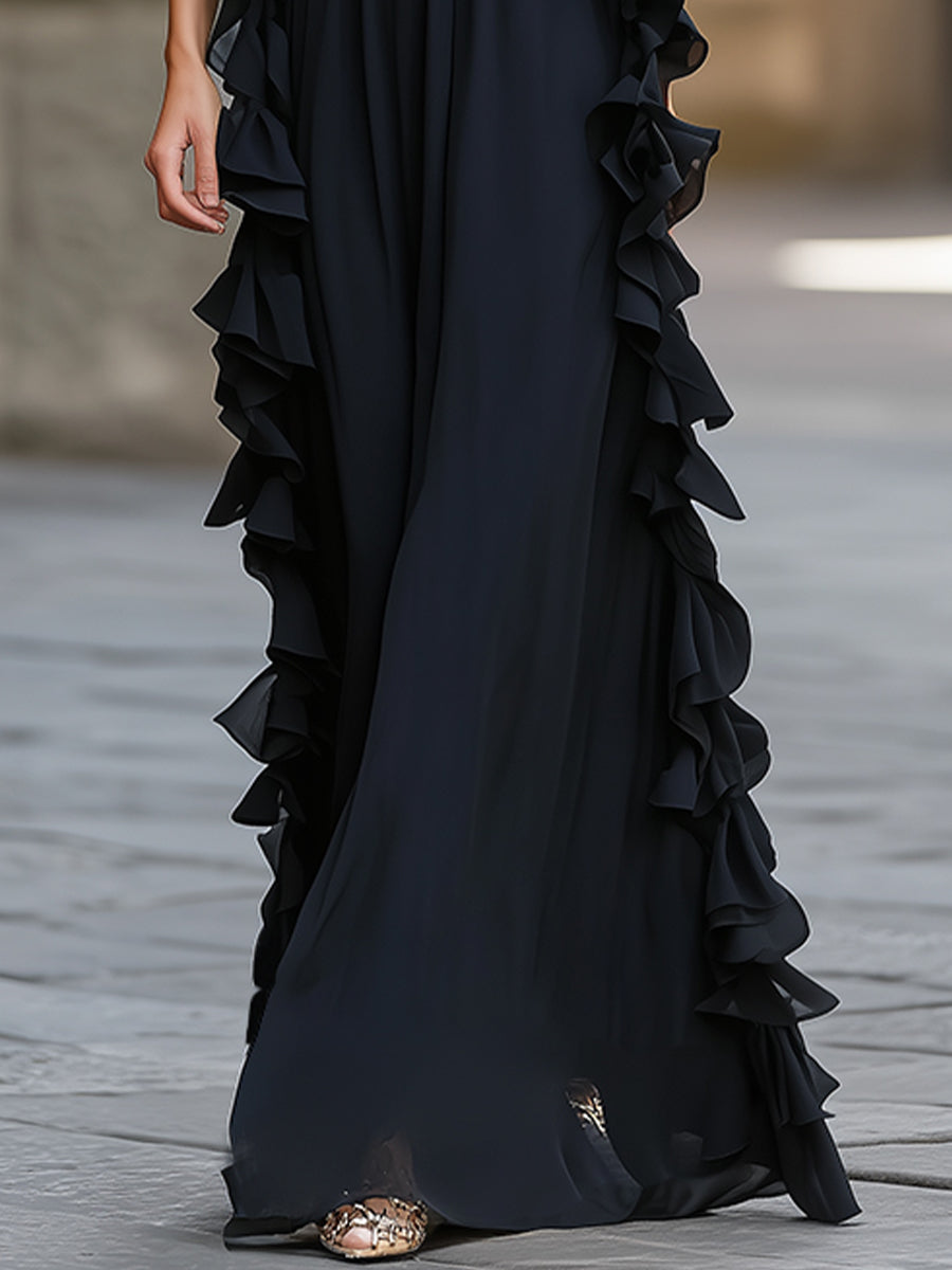 Midnight Elegance Ruffled Halter Pleated Chiffon Maxi Gown
