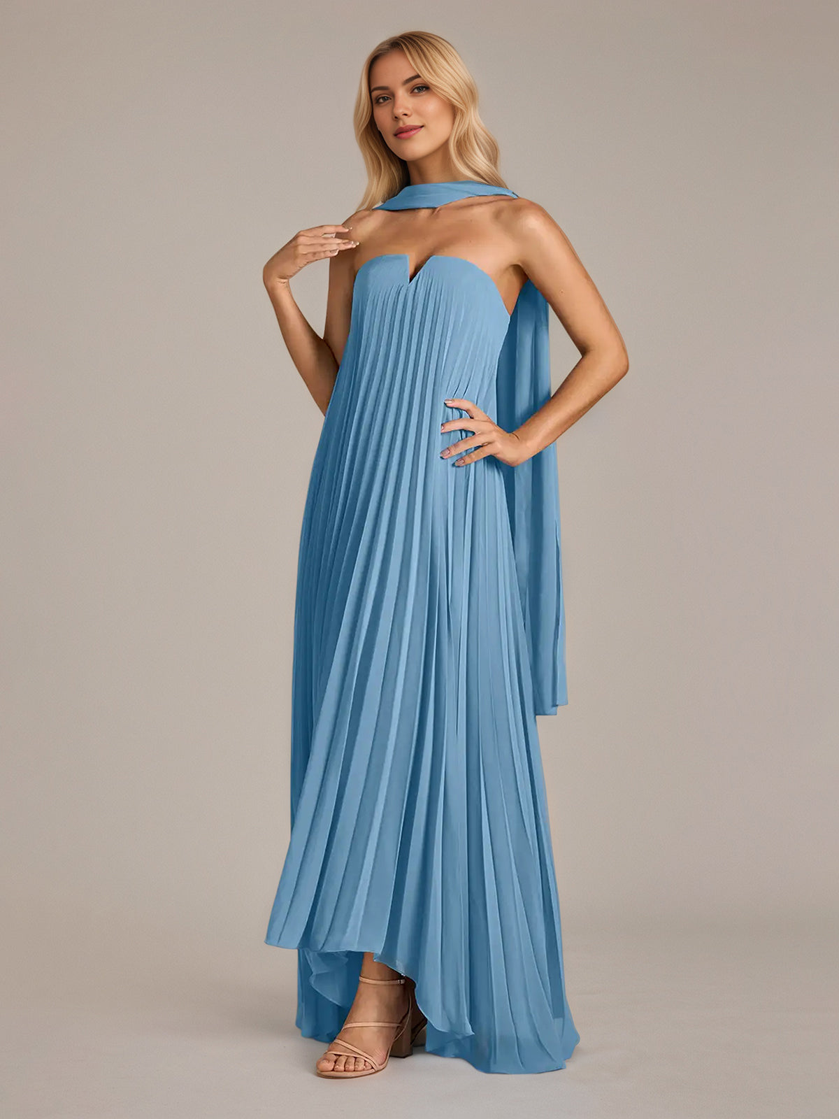 Blue A Line Satin Off The Shoulder Sleeveless Floor Length Dresses