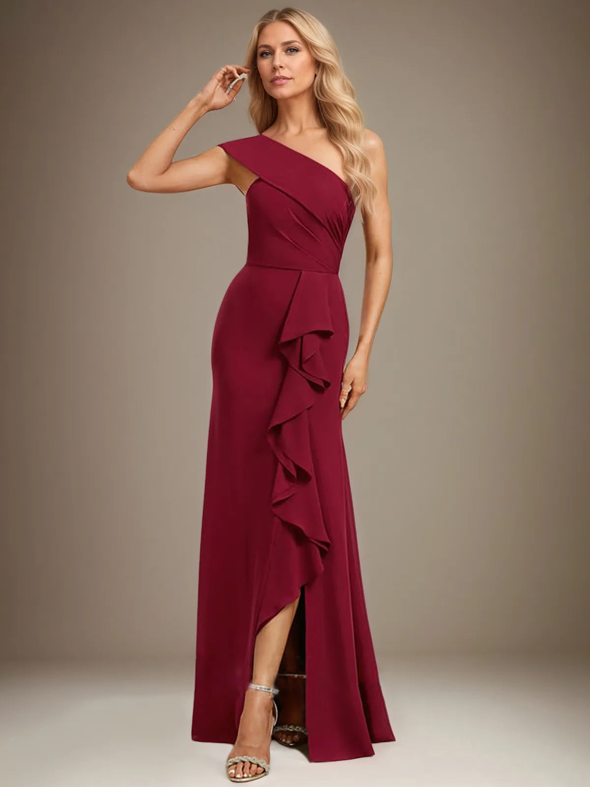 Trumpet/Mermaid One Shoulder Floor-Length Chiffon Evening Dress With Cascading Ruffles